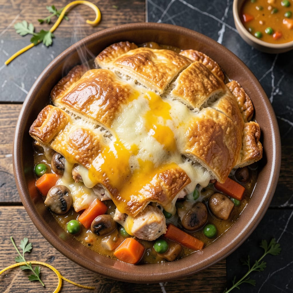 Cheesy Pot Pie Recipe: Buttery Topping With Melted Cheese Layers illustration with key details