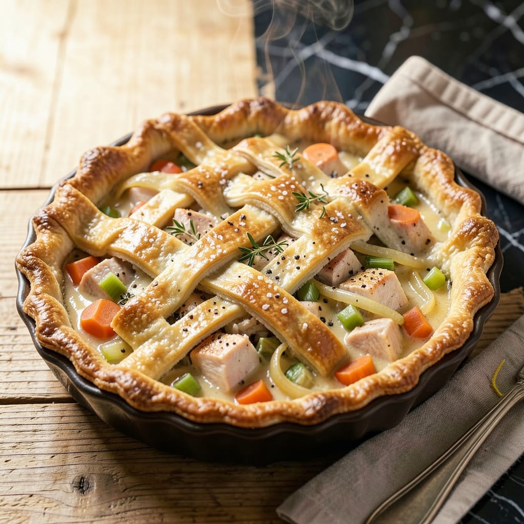 chicken pot pie recipe illustration with key details