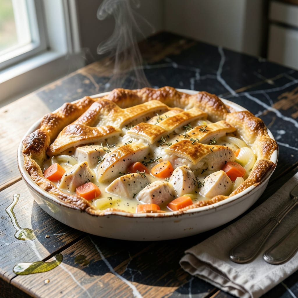 Chicken Pot Pie Recipe: Flaky Crust Over Savory Filling example with annotations