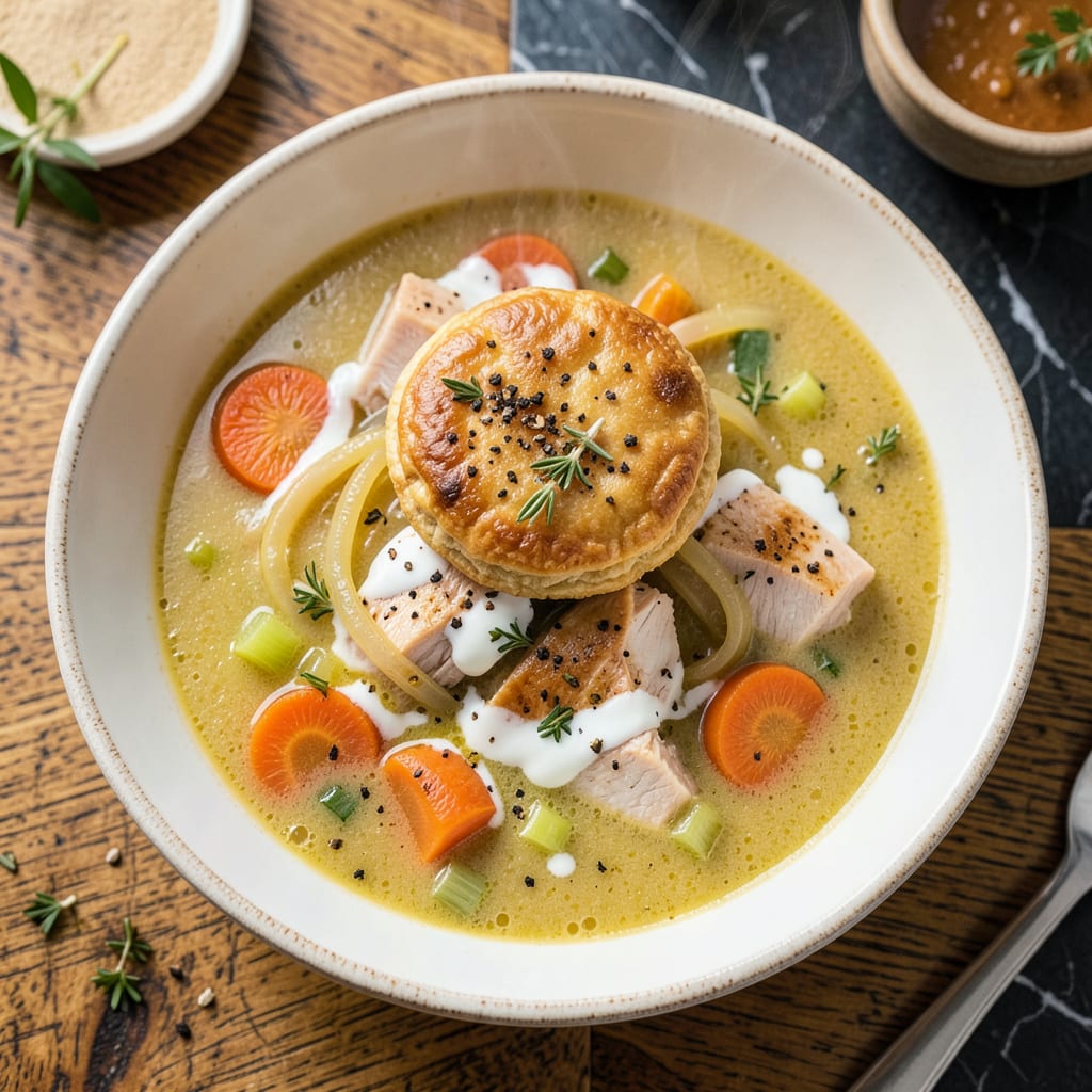 **Chicken Pot Pie Soup Recipe: Creamy Comfort in Every Spoonful** illustration with key details