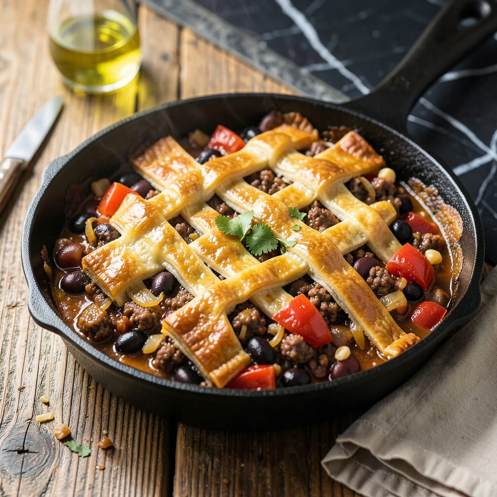 Chilli Pot Pie Recipe: Spiced Filling Under Golden Crust illustration with key details