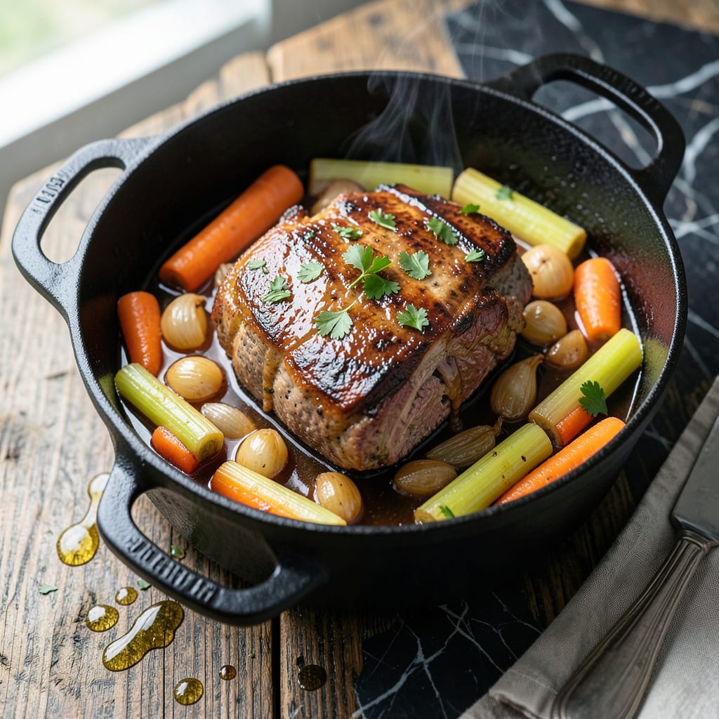 Chuck Pot Roast Recipe: Dutch Oven Braised with Root Vegetables illustration with key details