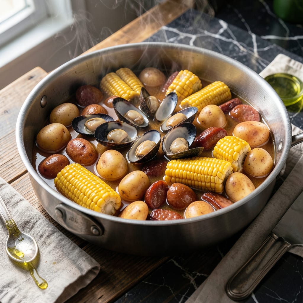 Clam Pot Recipe: New England Style Seafood Boil illustration with key details