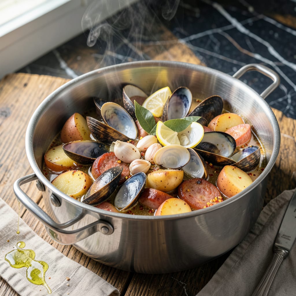 Clam Steamer Pot Recipe: New England Style Seafood Boil example with annotations