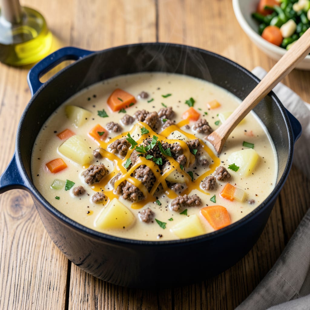 Visual representation of Creamy Potato Hamburger Soup Recipe: Hearty Comfort in Every Spoonful
