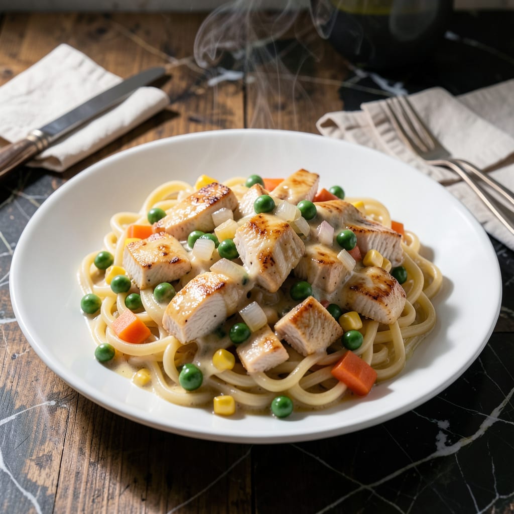 Crock Pot Chicken Pot Pie Pasta Recipe: Creamy Noodles With Flaky Crust Bites illustration with key details