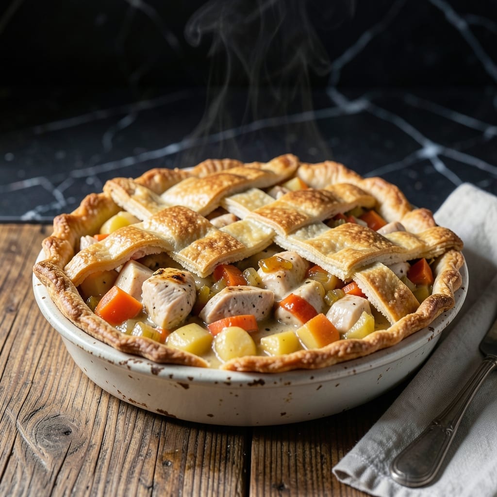 Country Style Chicken Pot Pie Recipe: Flaky Biscuit Topping Over Hearty Filling