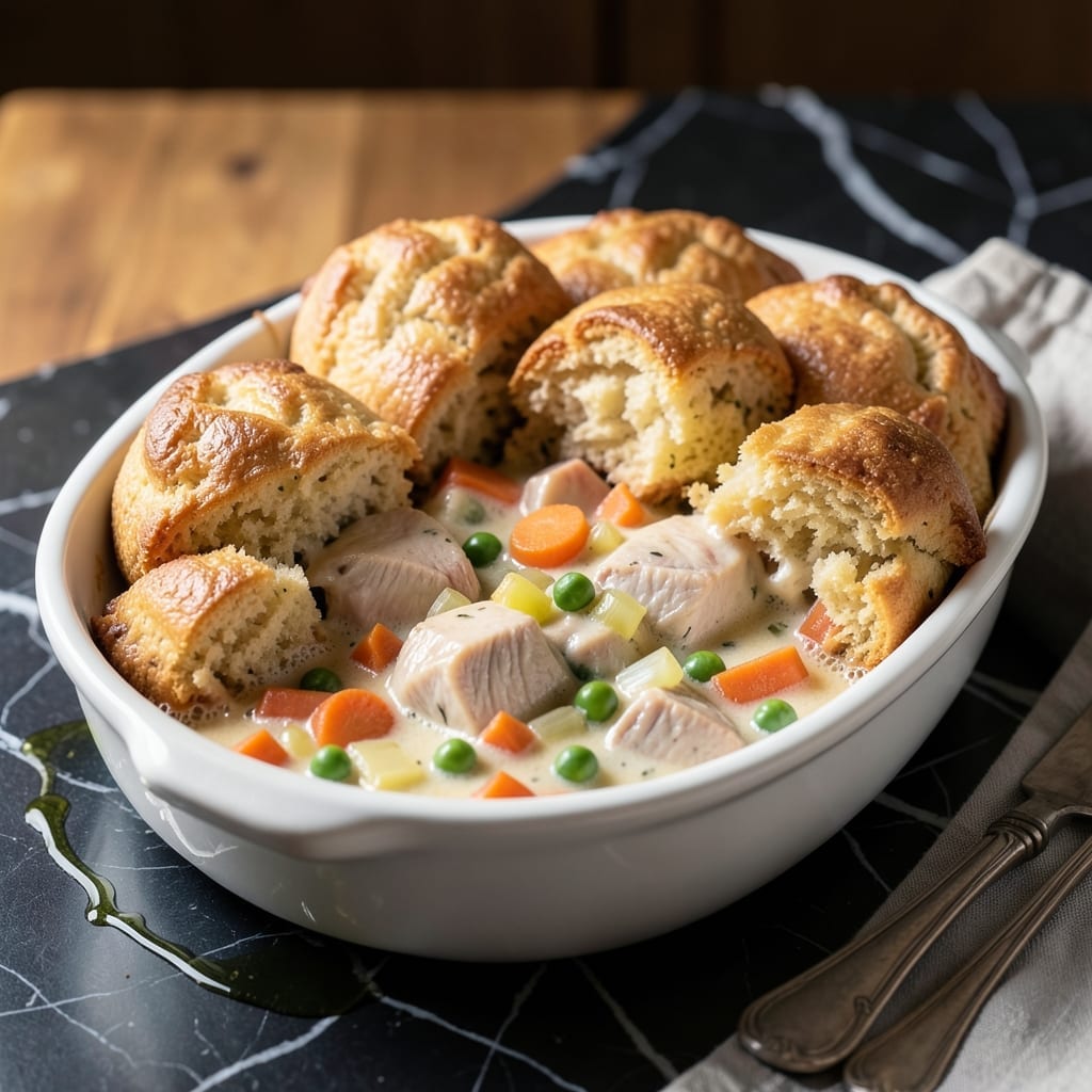 Homemade Pot Pie Recipe With Biscuits: Buttery Topping Over Herb-Infused Filling