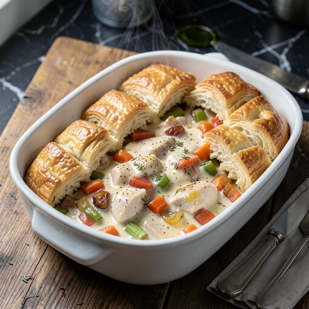 Chicken Pot Pie Recipe Made With Biscuits: Flaky Topping Over Creamy Filling
