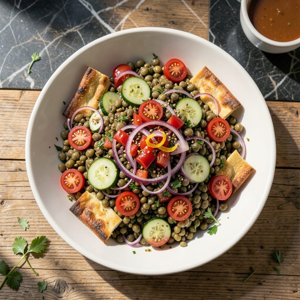 Lentil Fattoush Salad Recipe: Toasted Pita and Lemon Zest Harmony