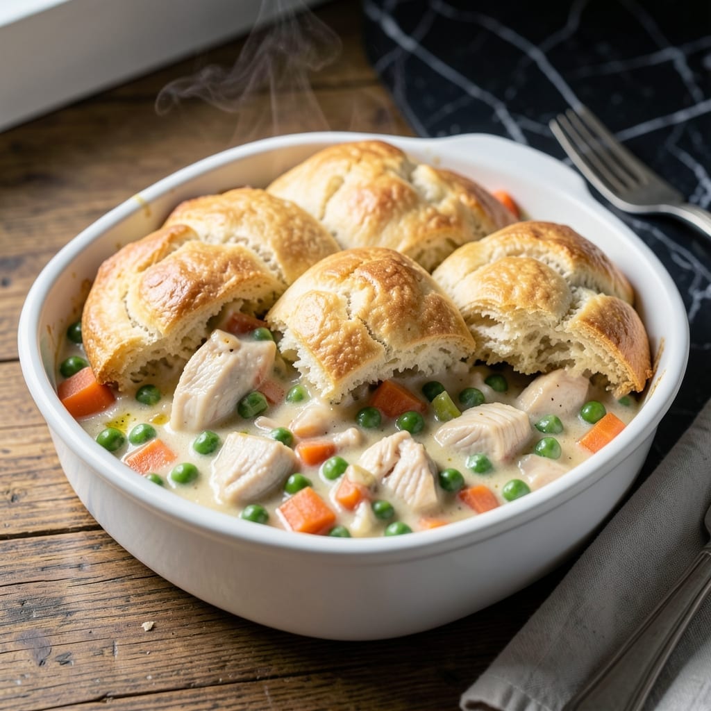 Easy Chicken Pot Pie Recipe With Biscuits and Cream Of: Flaky Topping Over Savory Filling