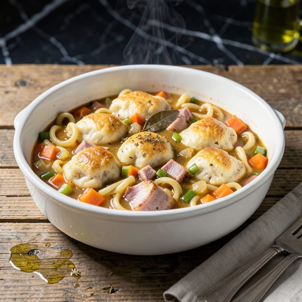 Recipe for Homemade Ham Pot Pie Noodles: Fluffy Dumplings in Rich Broth