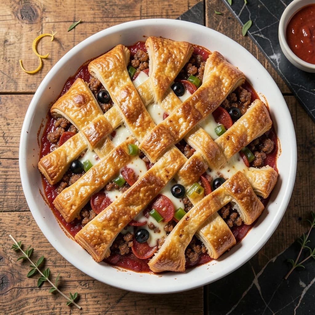 Pizza Pot Pie Recipe With Crescent Rolls: Flaky Topping Over Cheesy Tomato Filling Pizza Pot Pie Recipe With Crescent Rolls: Flaky Topping Over Cheesy Tomato Filling
