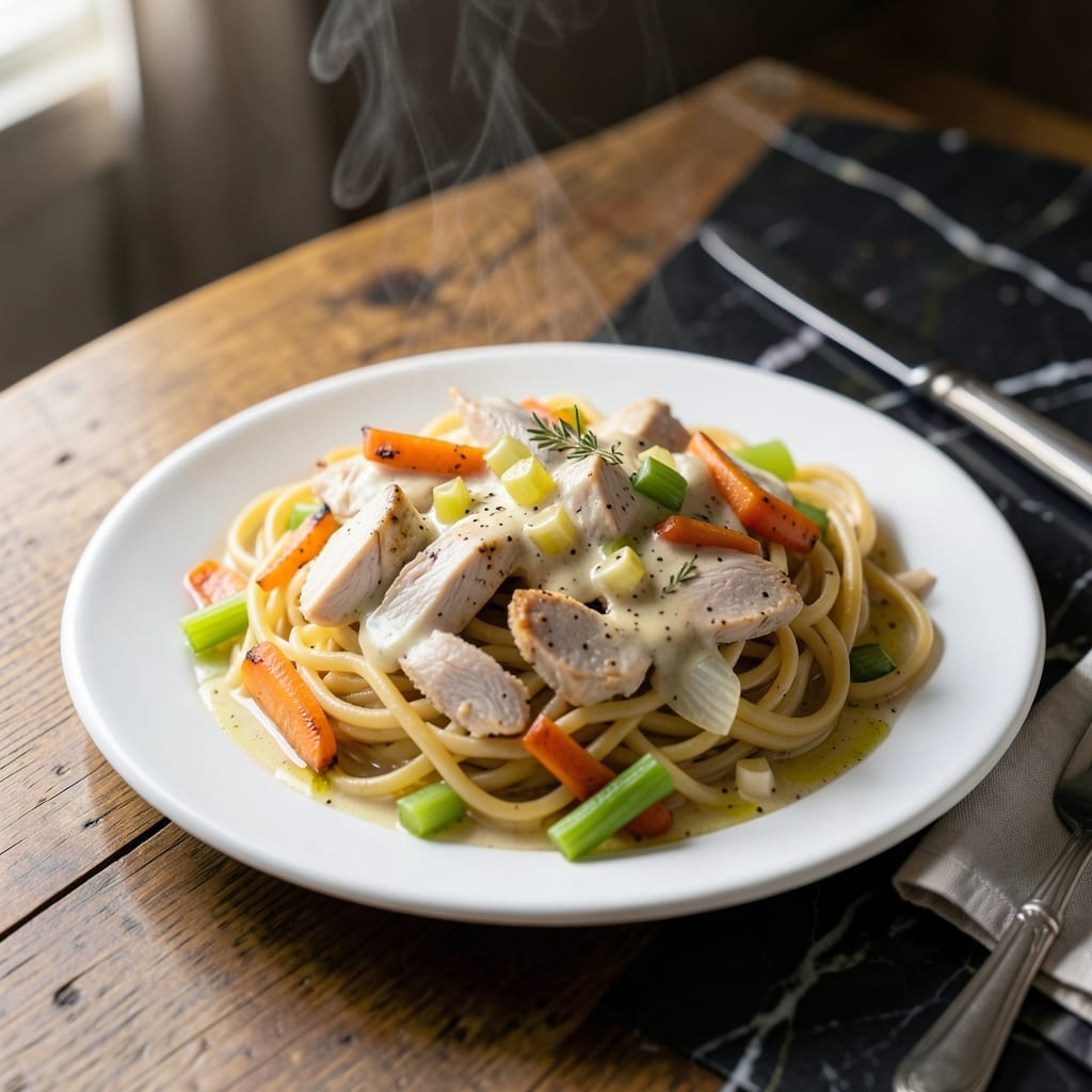 Chicken Pot Pie Noodles Recipe: Creamy Egg Noodles With Flaky Topping
