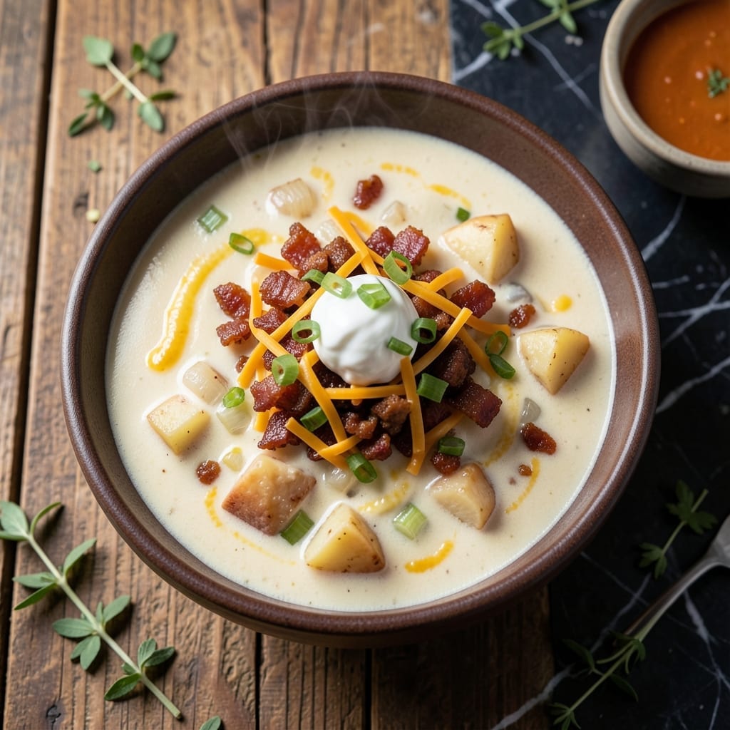 Fatz Loaded Potato Soup Recipe: Creamy Base With All the Toppings