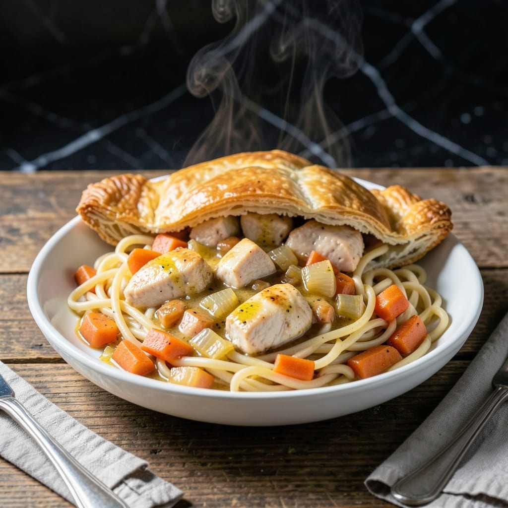 Chicken Pot Pie With Egg Noodles Recipe: Flaky Biscuit Topping Over Creamy Filling Chicken Pot Pie With Egg Noodles Recipe: Flaky Biscuit Topping Over Creamy Filling