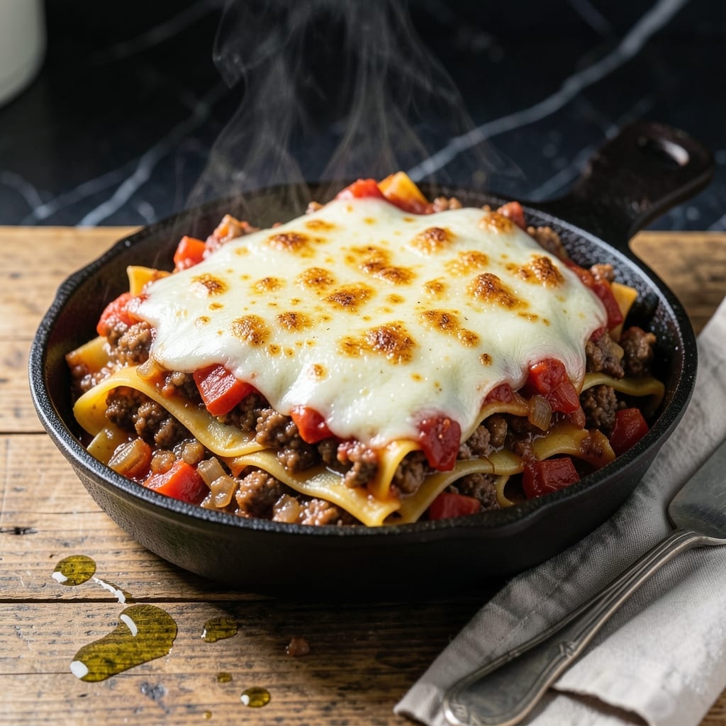 One Pot Skillet Lasagna Recipe: No-Drain Noodles With Rich Meat Sauce One Pot Skillet Lasagna Recipe: No-Drain Noodles With Rich Meat Sauce