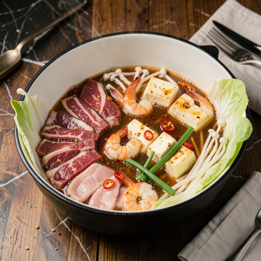 Easy Hotpot Recipe: Weeknight Friendly Simmering Feast in One Pot illustration with key details
