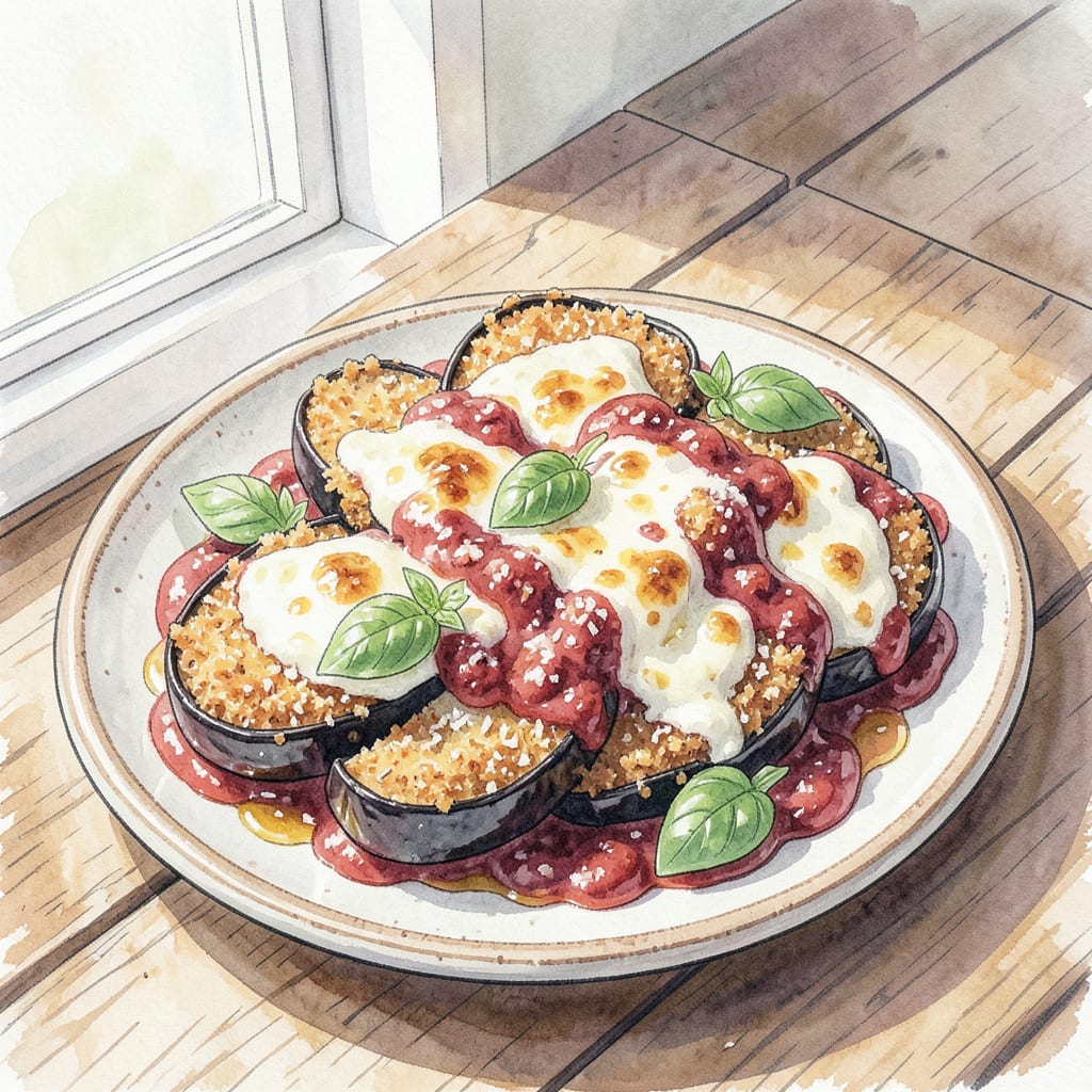 Eggplant Parmesan Recipe Without Eggs: Crispy Breading and Melty Cheese example with annotations
