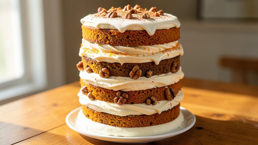 7 Layer Carrot Cake Recipe: Cream Cheese Frosting Swirls and Walnut Topping Magic