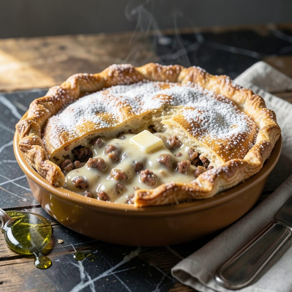 Sausage and Gravy Pot Pie Recipe: Buttery Crust Over Savory Herbed Filling