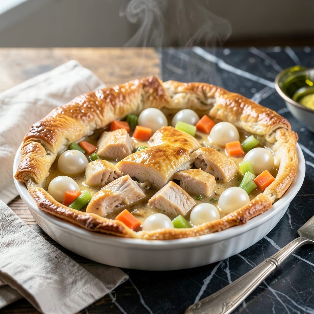 Chicken Pot Pie Recipe With Pearl Onions: Flaky Crust Over Classic Creamy Filling
