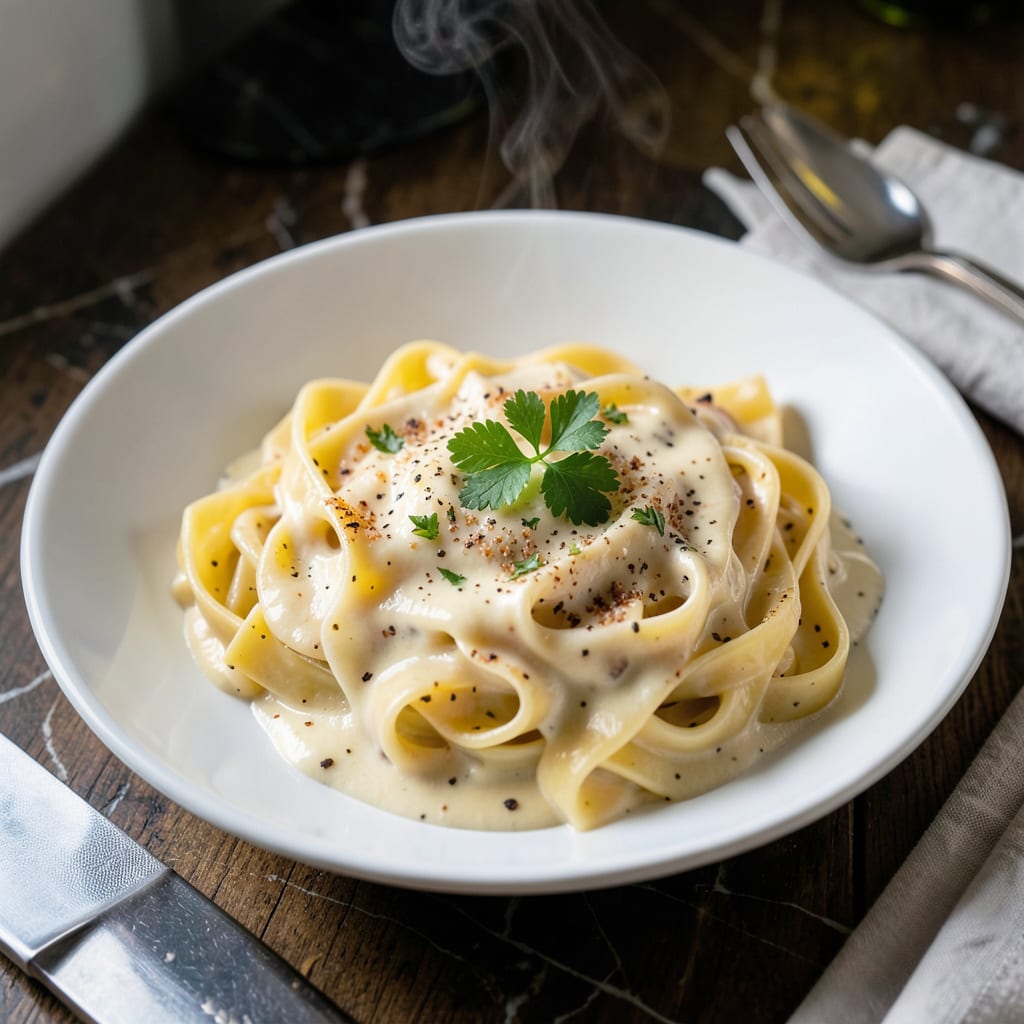 fat free alfredo recipe illustration with key details