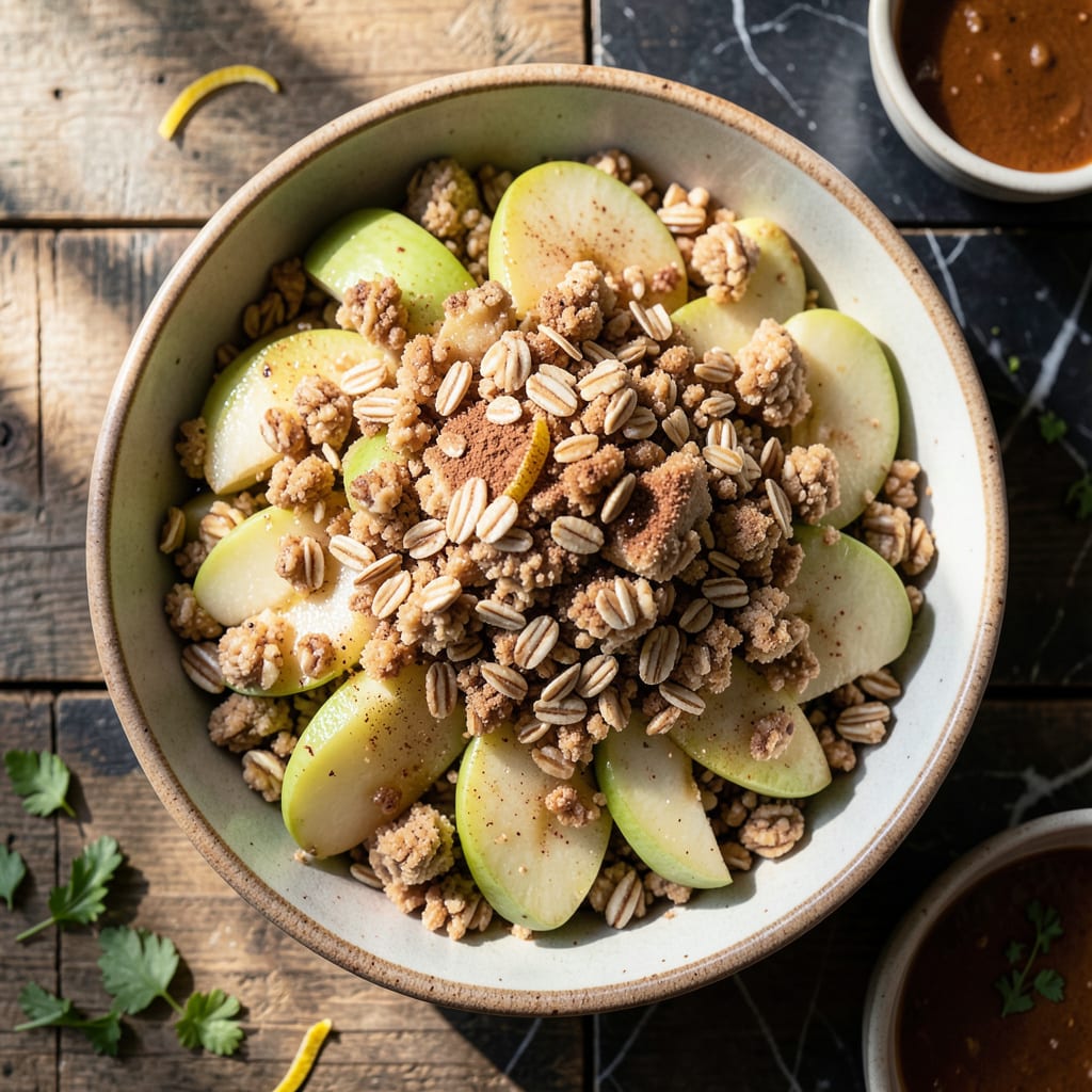 Fat Free Apple Crumble Recipe: Warm Spiced Filling Under Crunchy Topping example with annotations