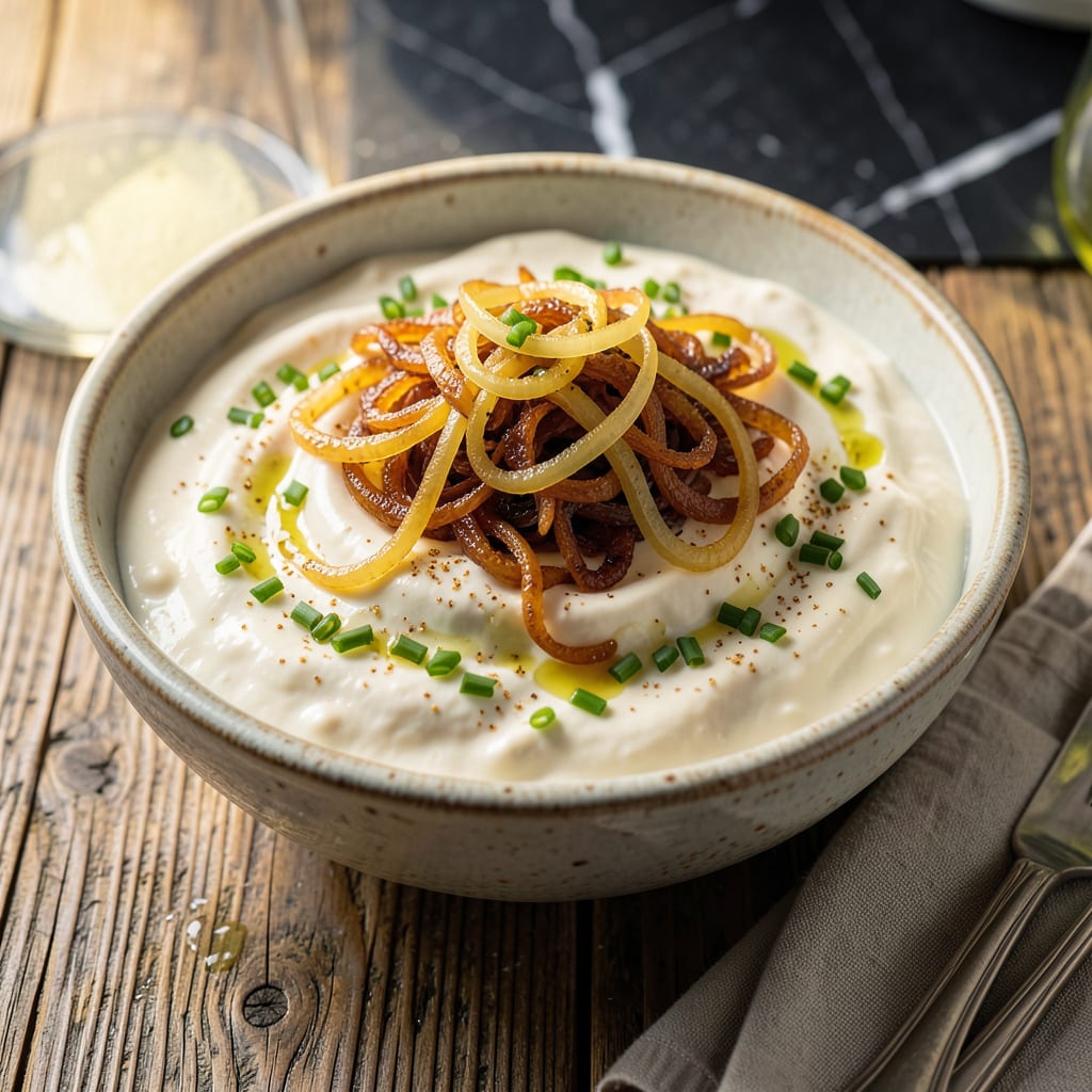 Fat Free French Onion Dip Recipe: Caramelized Onion Flavor Without the Oil illustration with key details