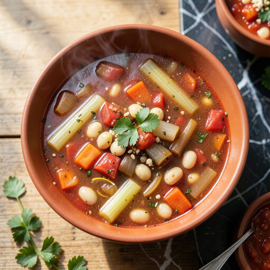 fat free minestrone soup recipe illustration with key details