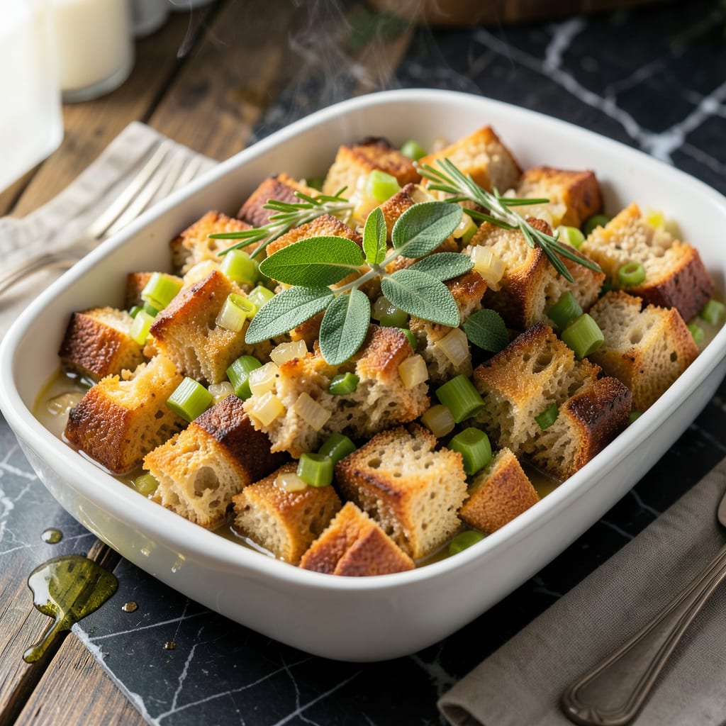 Fat Free Stuffing Recipe: Herb Infused Holiday Lightness illustration with key details
