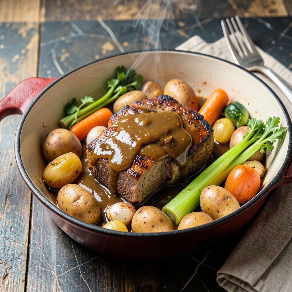 Grandma's Pot Roast Recipe Crock Pot: Old Fashioned Beef and Root Vegetables illustration with key details