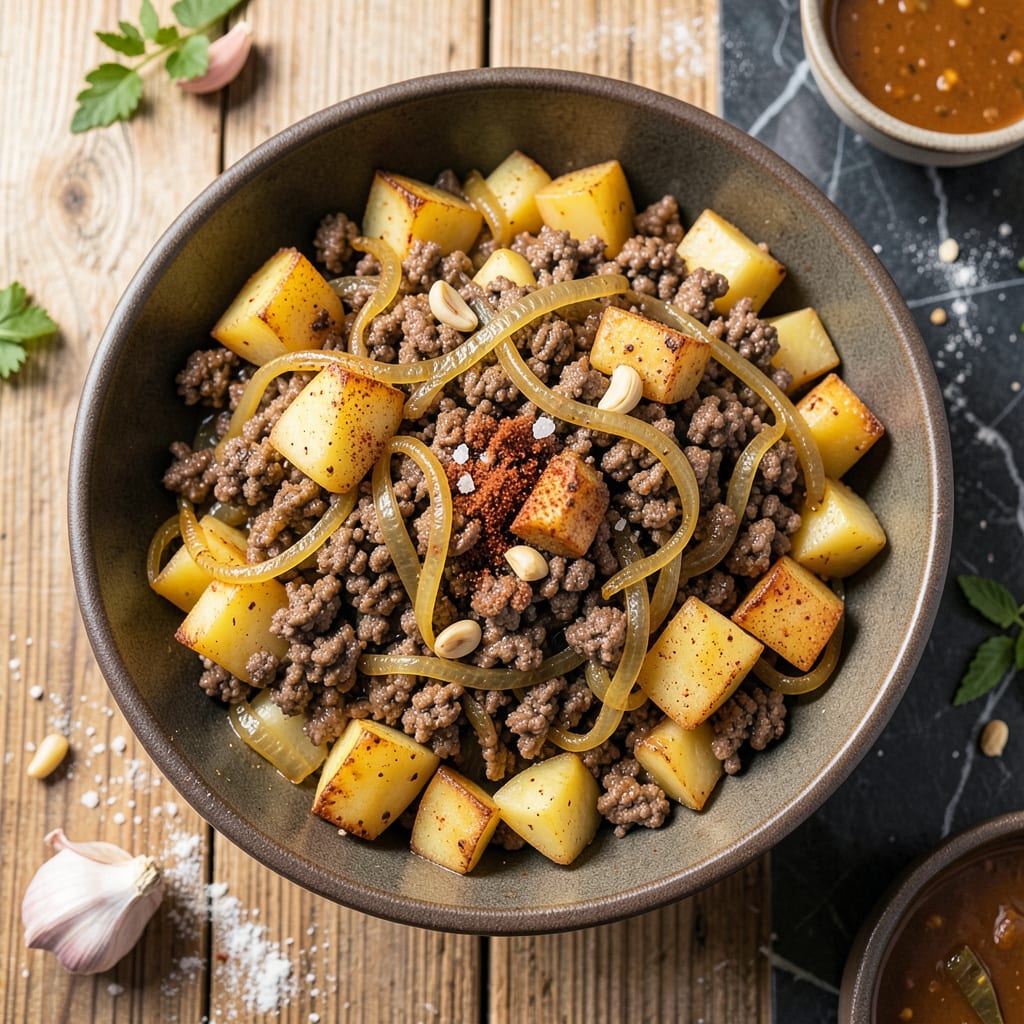 ground beef potato hash recipe example with annotations