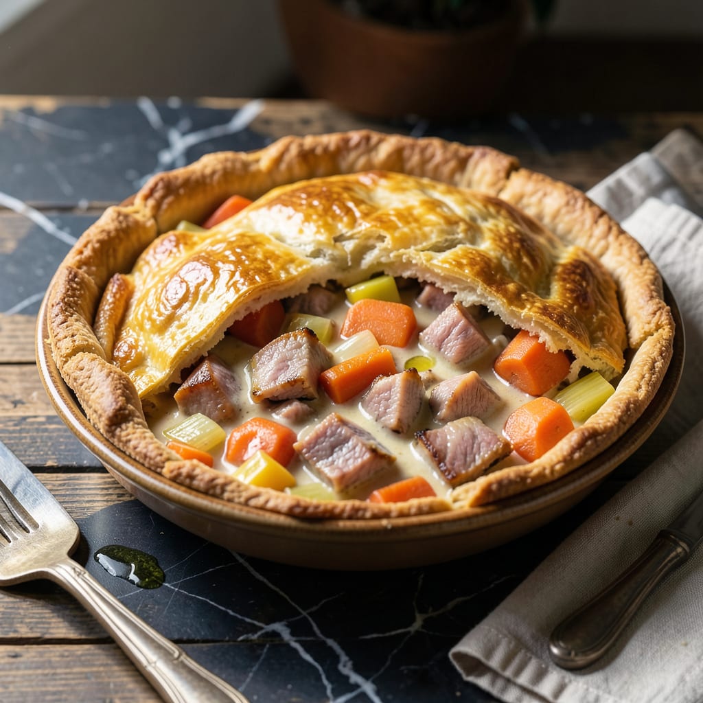 Ham Pot Pie Recipe: Savory Filling Under Golden Crust illustration with key details