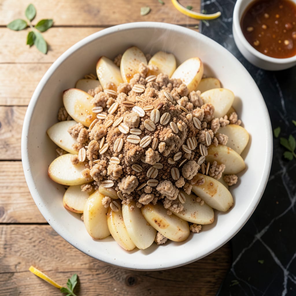 Healthy Low Fat Apple Crumble Recipe: Warm Spiced Filling With Oat Topping illustration with key details