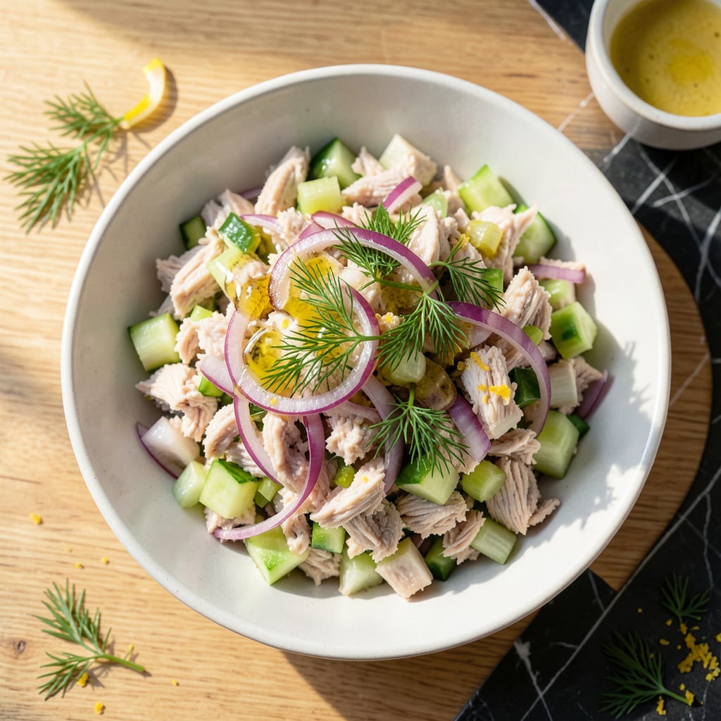 healthy low fat tuna salad recipe illustration with key details