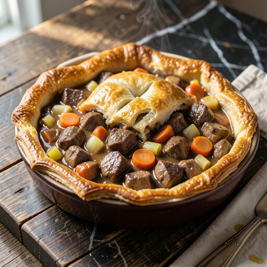 homemade beef pot pie recipe illustration with key details