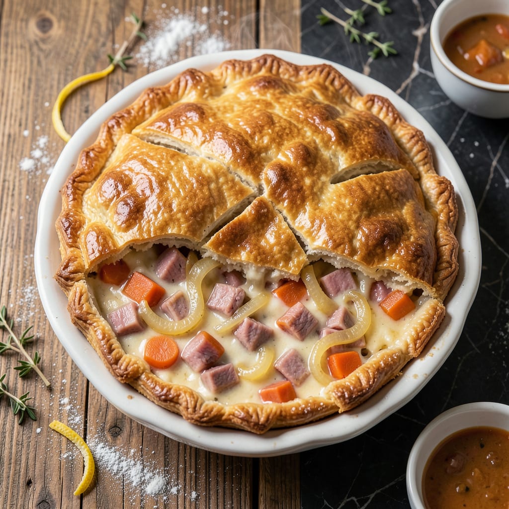 Homemade Ham Pot Pie Recipe: Flaky Crust Over Creamy Ham and Veggie Filling illustration with key details