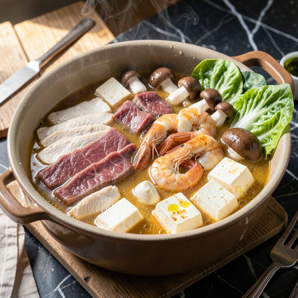 Hot Pot Recipe: Interactive Broth and Dipping Delight illustration with key details