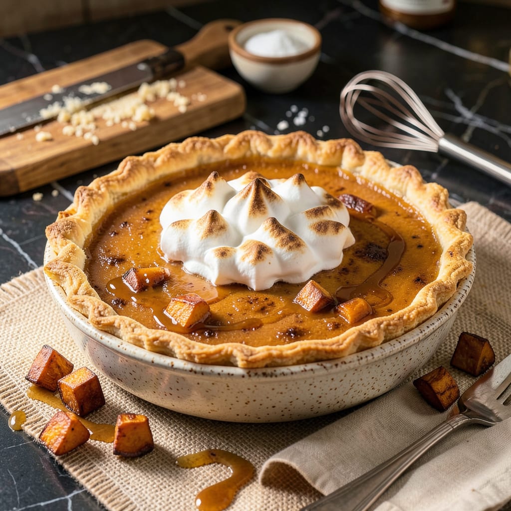 IHeart Recipe Sweet Potato Pie: Creamy Spiced Filling With Flaky Crust illustration with key details