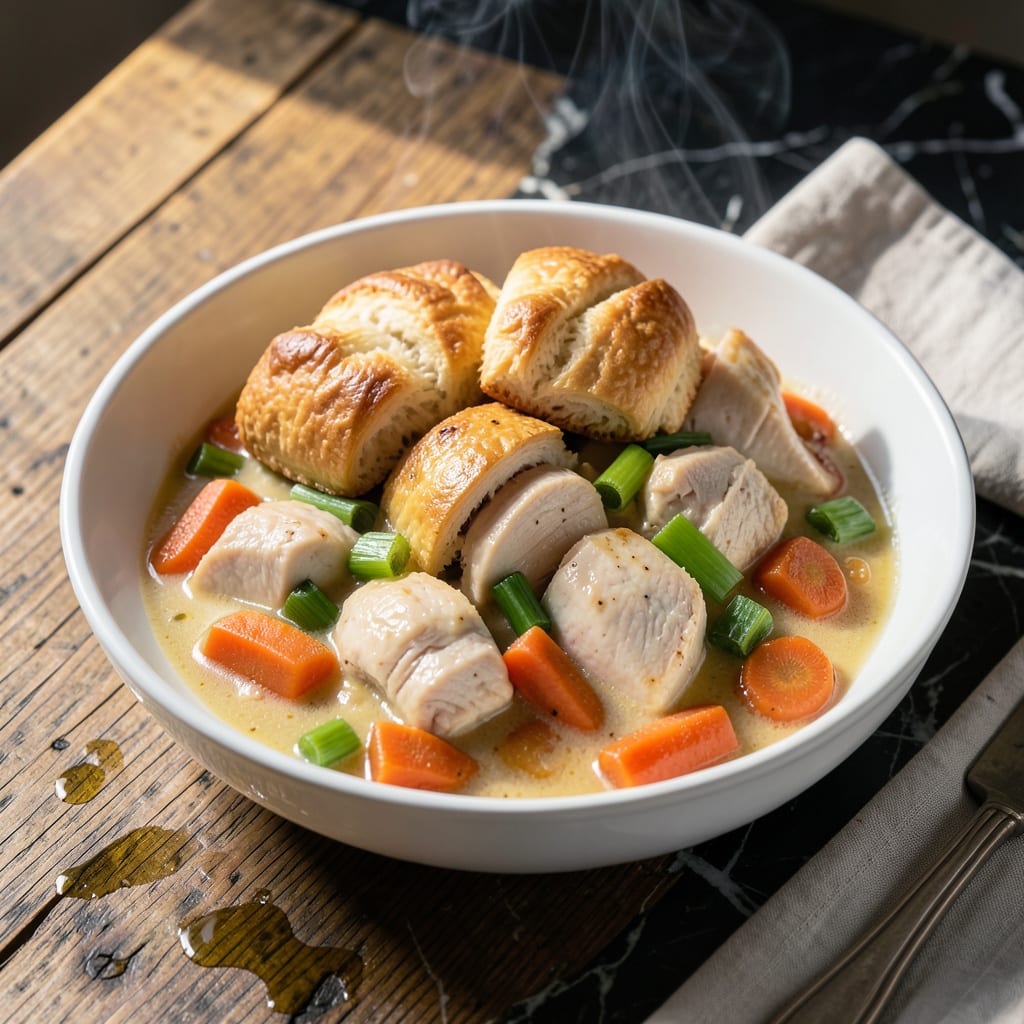 instant pot chicken pot pie recipe with biscuits illustration with key details
