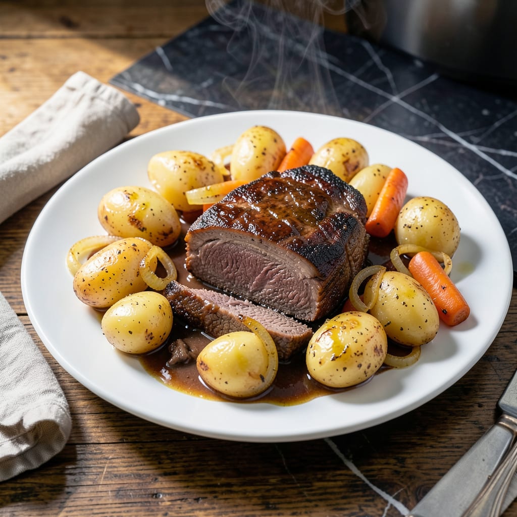 instant pot pot roast and potatoes recipe illustration with key details
