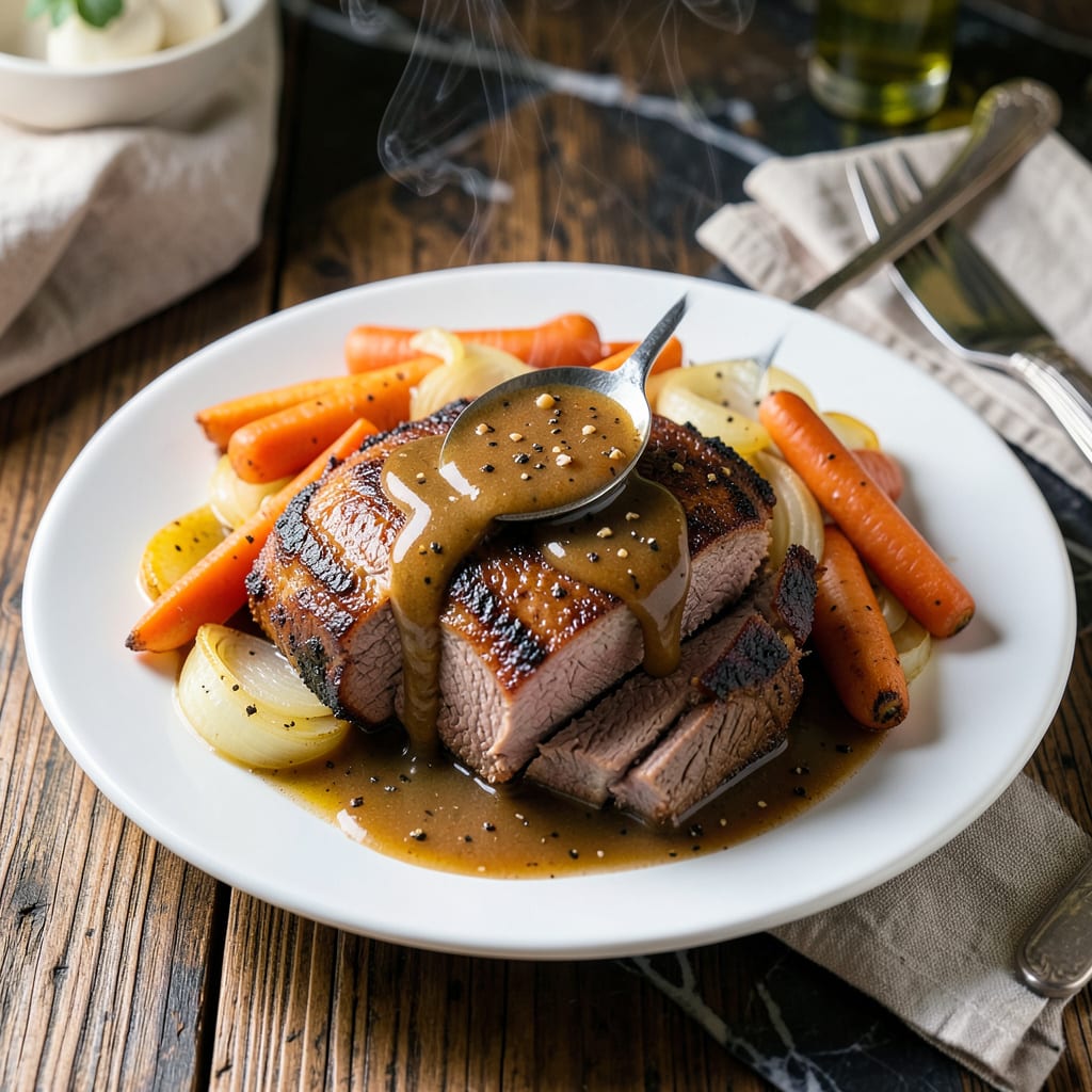 Complete instant pot pot roast recipe with gravy overview image