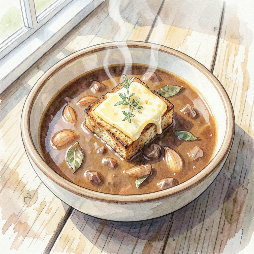 La Madeleine's French Onion Soup Recipe: Caramelized Onions and Rich Broth illustration with key details