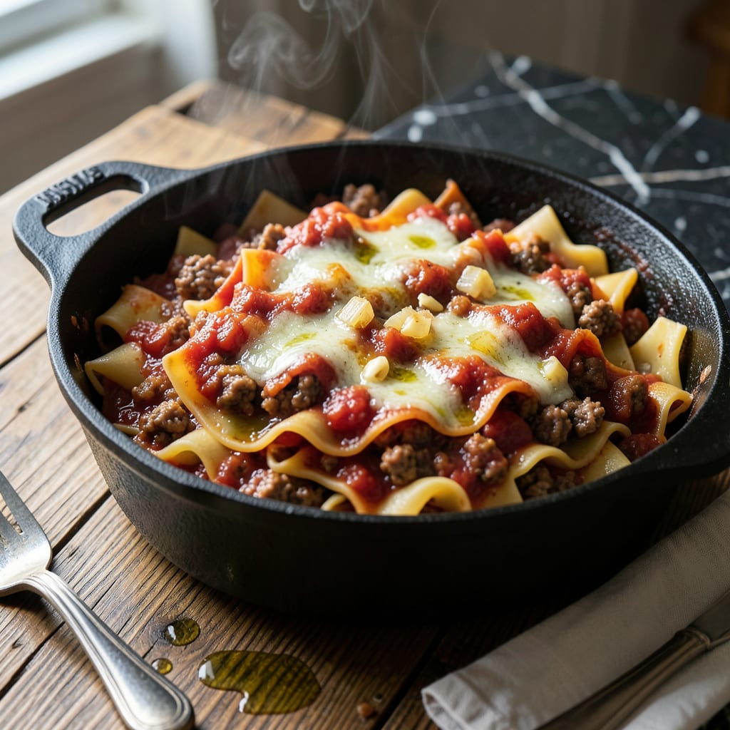 Visual representation of lasagne in a pot recipe