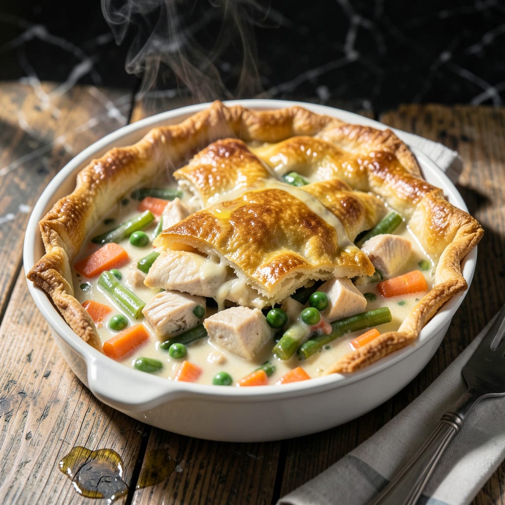 lazy pot pie recipe illustration with key details