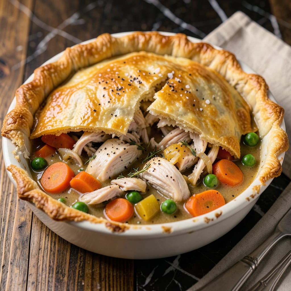 Leftover Chicken Pot Pie Recipe: Flaky Crust Over Creamy Comfort illustration with key details