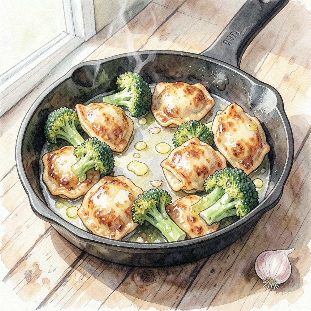 lemon broccoli pierogi skillet recipe example with annotations