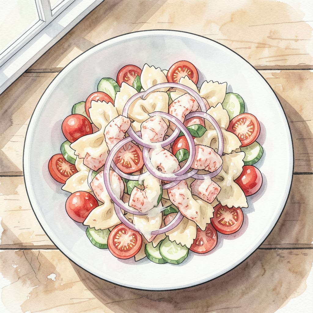 Visual representation of lobster pasta salad recipe