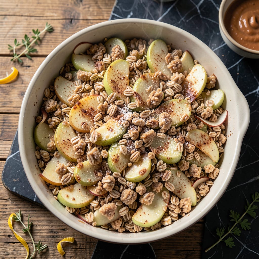 Low Fat Apple Crisp Recipe: Warm Spiced Oats Over Sweet Baked Apples example with annotations